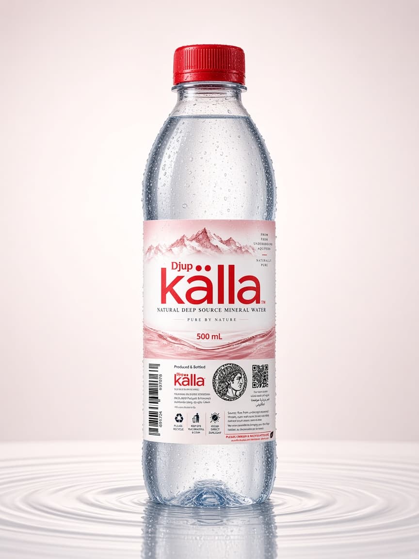 Chilled Djup Källa bottle with water ripples at the base