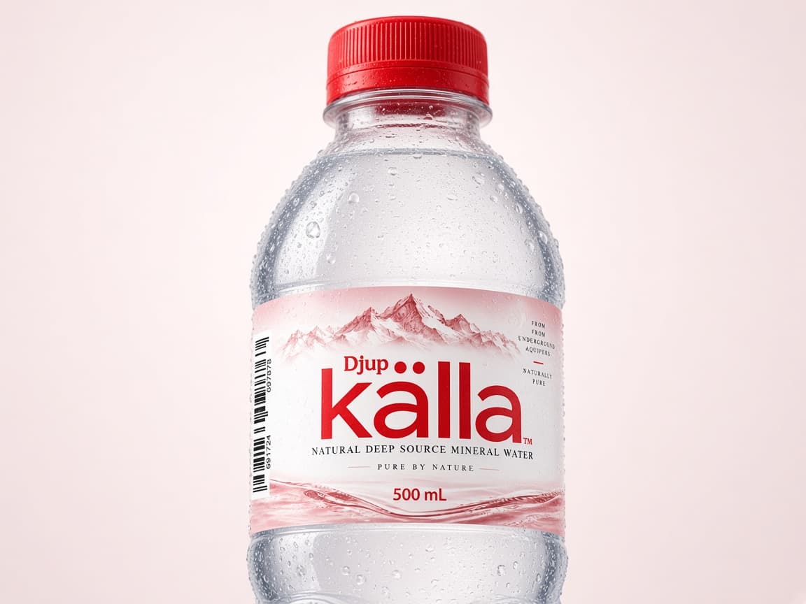 Djup Källa bottle at an angle, showing the red wordmark